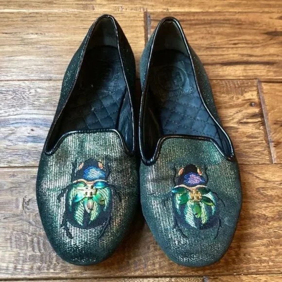 Tory Burch Cailyn Holographic Beetle Smoking Slipper Loafers Metallic Size 5 - Picture 1 of 13